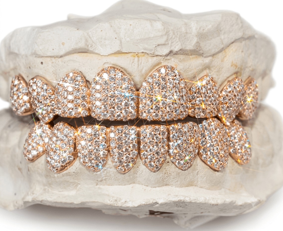 A full ice out rose gold grillz set fully paved with diamonds